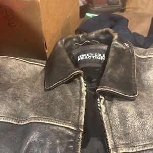 Kenneth Cole Reaction Distressed Gray Leather Bomber Jacket